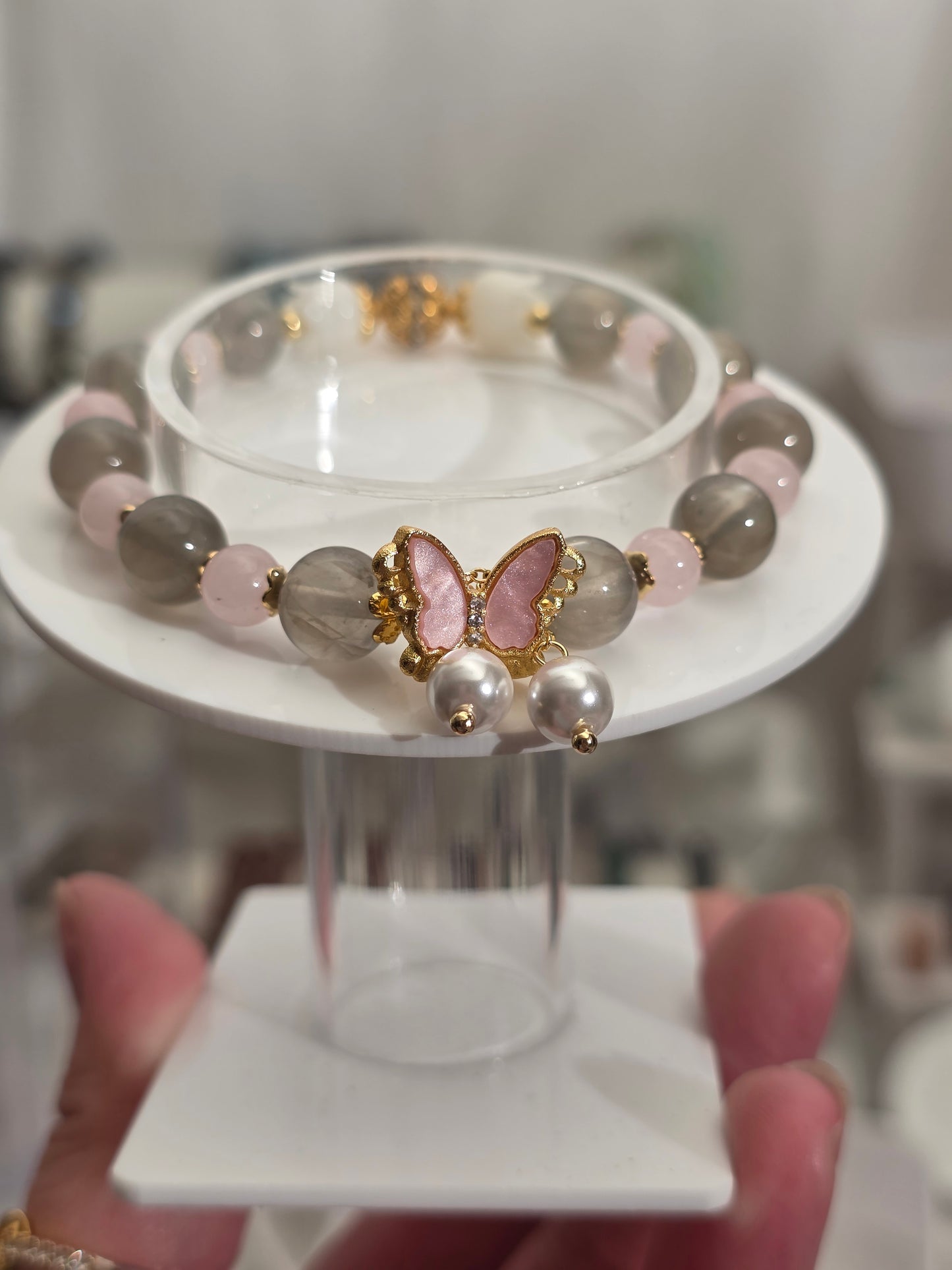 Black Moonstone and Rose Quartz with Butterfly Charm Bracelet