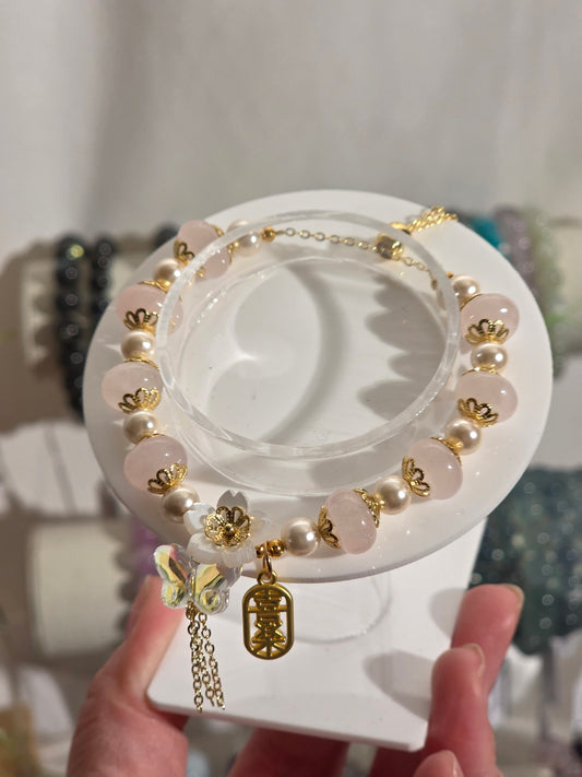 Rose Quartz with Flower and Butterfly Charm Bracelet