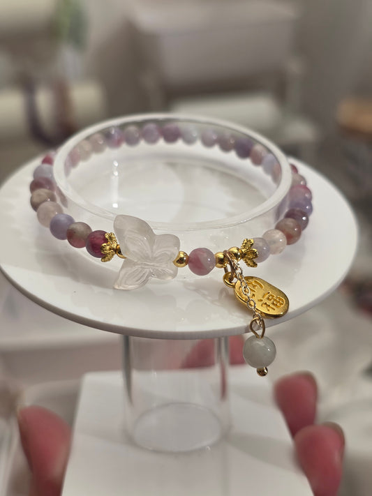 Plum Blossom Tourmaline with Butterfly Charm Bracelet