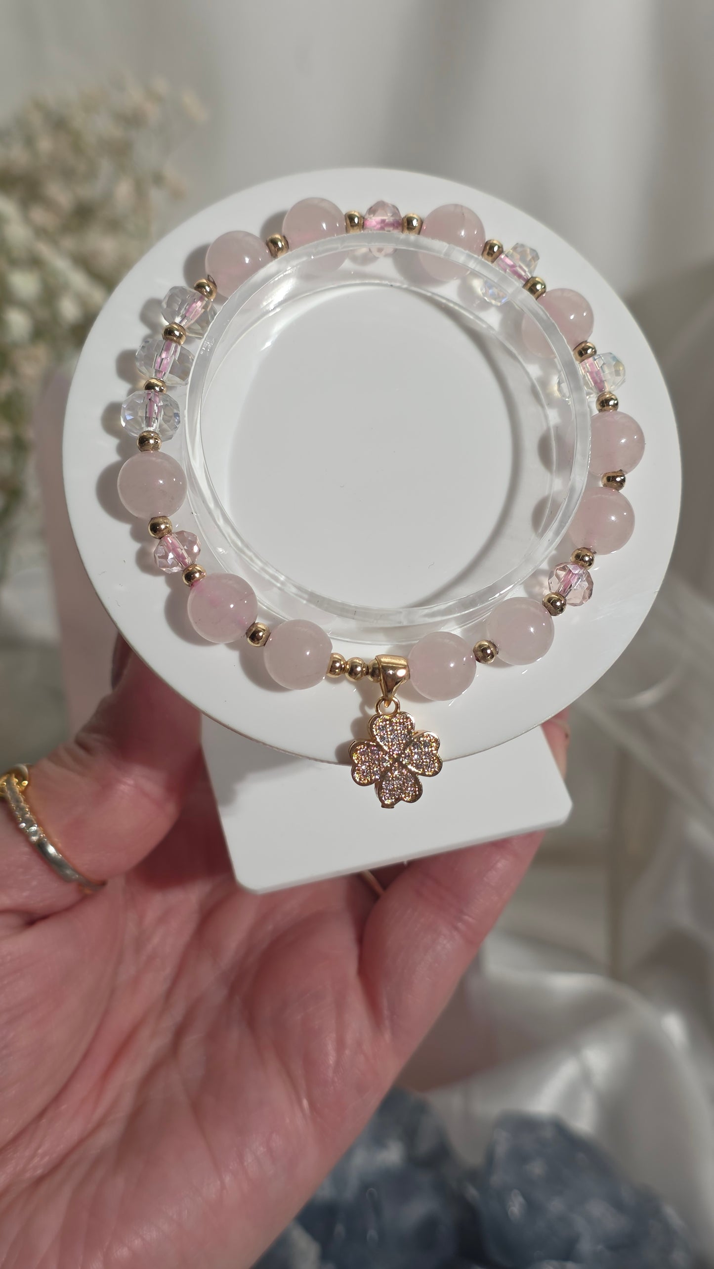 Rose Quartz Clover Charm Bracelet