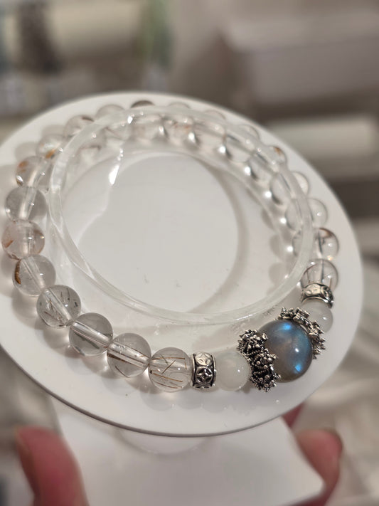 Rutiled Quartz, Moonstone, and Labradorite Bracelet